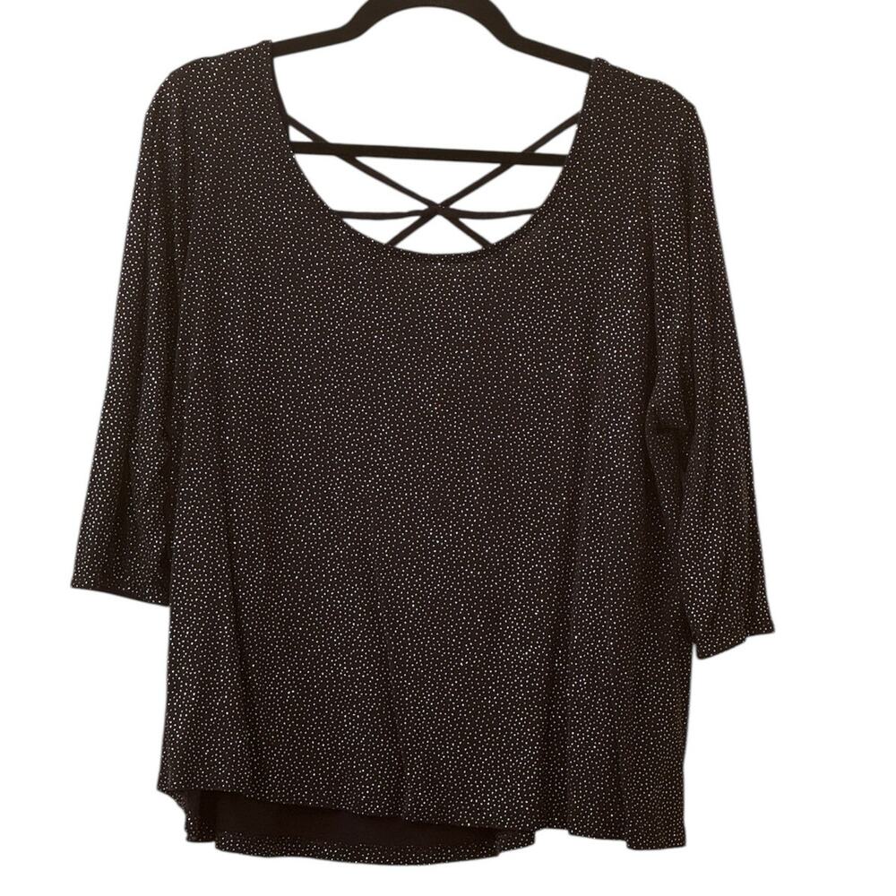JLo by Jennifer Lopez Black Glitter Top 3/4 Sleeve Criss Cross Back Size 1X